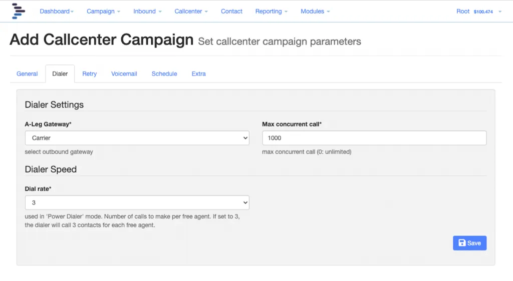 Call center campaign dialer settings in DialerAI