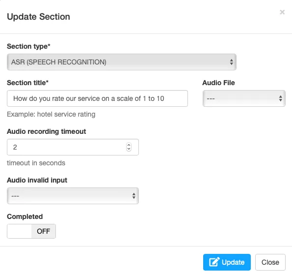 Speech recognition settings in the DialerAI survey builder
