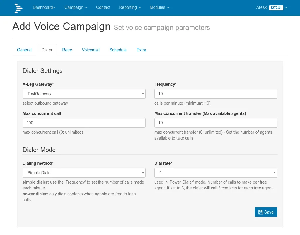 Creating a voice campaign with power dialer settings in DialerAI
