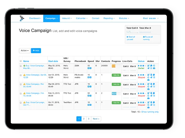 DialerAI voice campaign dashboard on a tablet